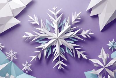 The primary subject of the image is a large, three-dimensional snowflake made of paper. The snowflake is the main object, scene, or focus of the image. The setting is a purple background, which adds a unique and eye-catching visual style to the image. The colors and mood of the image are predominantly purple, which gives it a calm and serene atmosphere.
